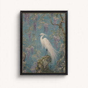 Póster de Chinoiserie de Wisteria y Garza Blanca