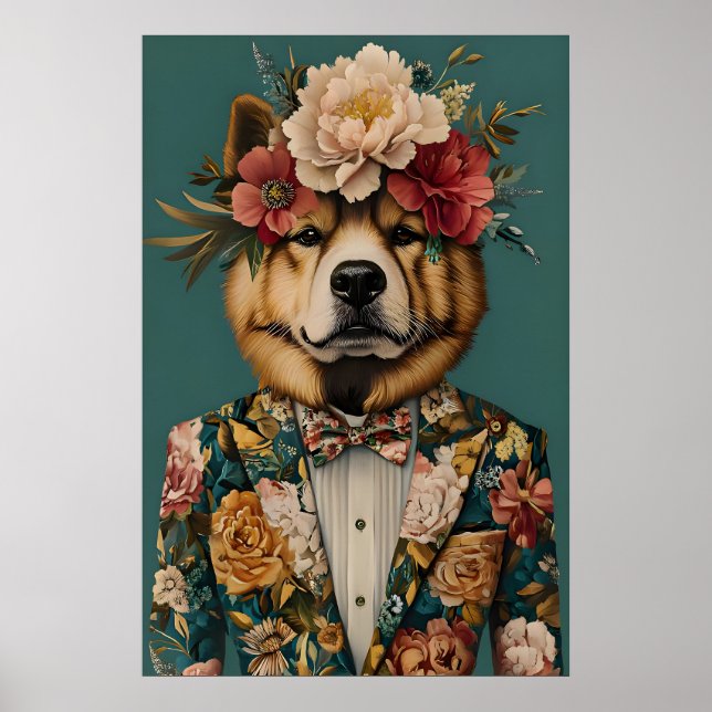 Póster de Chow Chow con traje, retrato de Chow Cho (Frente)
