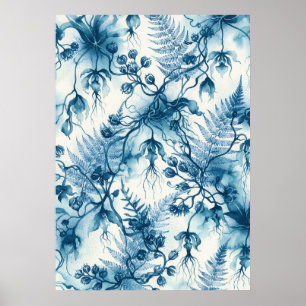 Póster de cianotipo de orquídeas colgantes azules,