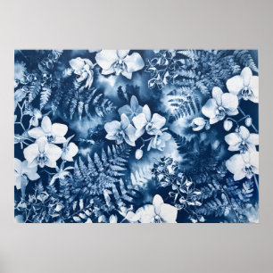 Póster de cianotipo tropical de helecho orquídea í