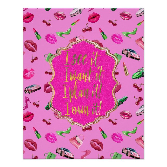 Póster de cita Glam Motif rosa y verde  (Anverso)