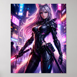 Póster de Ciudad Neon del Guerrero Zorro Cyberpunk
