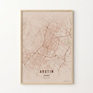 Póster de cobre del mapa de Austin Texas City Rega