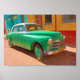 Póster de coche americano clásico en La Habana, Cu