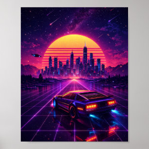 Póster de Coche de Ciudad Neon Retro Futurista
