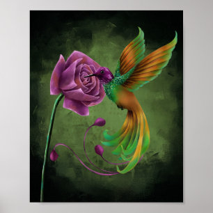 Póster de colibrí fantástico y rosa púrpura