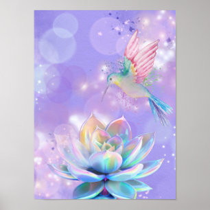 Póster de Colibrí Místico y Loto de Arcoíris