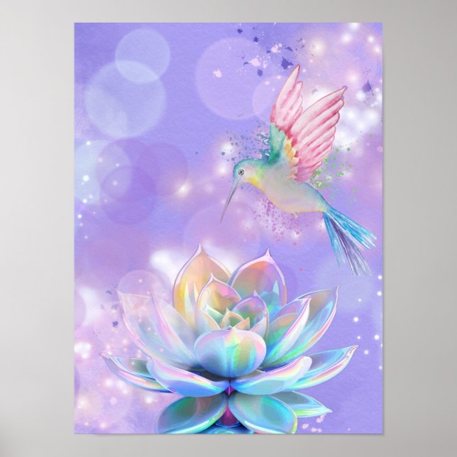 Póster de Colibrí Místico y Loto de Arcoíris (Frente)