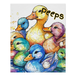 Poster de color de agua Peeps-Ducks para niños