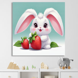 Póster de conejo blanco lindo sosteniendo fresas