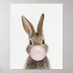 Póster de conejo soplando chicle rosa