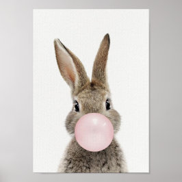 Póster de conejo soplando chicle rosa