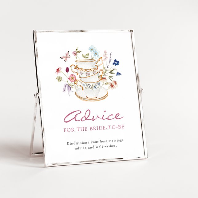 Póster de Consejos para Té Nupcial (Floral Bridal Party Tea Cup Advice Poster with Butterfly by Painted Paperie
)