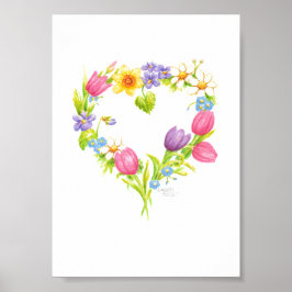 Póster de Corona Acuarela Corazón Flores 5 x 7