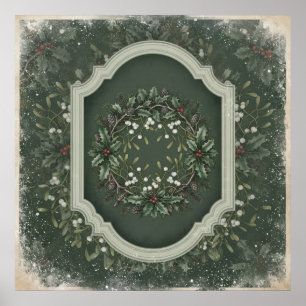 Póster de corona de Navidad de muérdago de acebo v