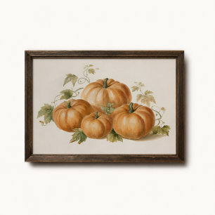 Póster de cosecha de calabaza con vid en acuarela