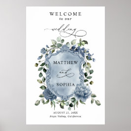 Póster de cresta de boda floral azul polvoriento e