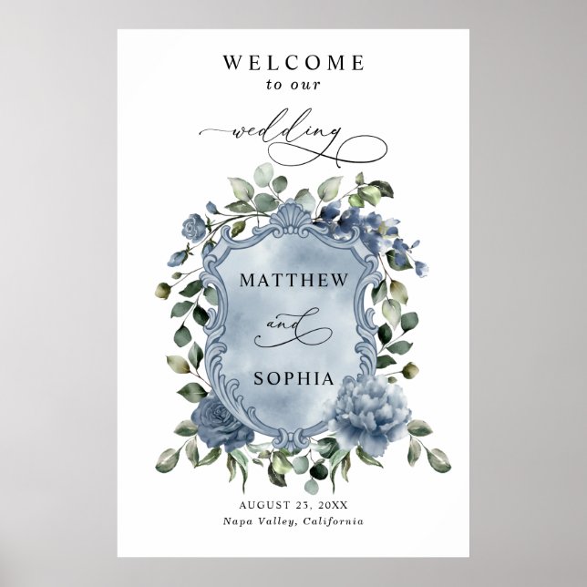 Póster de cresta de boda floral azul polvoriento e (Frente)