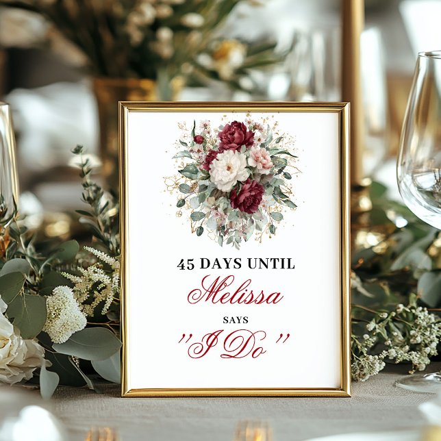 Póster de Cuenta Regresiva de Rubor Granate Premiu (Premium Blush Burgundy Countdown Sign Poster)