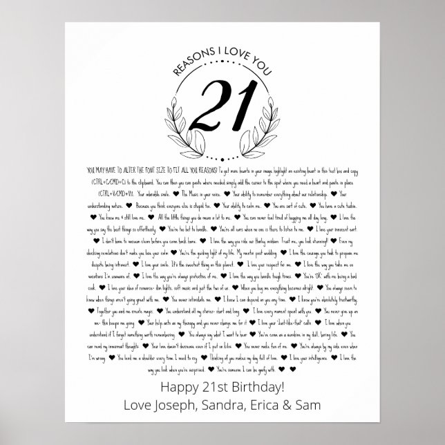 Póster de cumpleaños 21 razones por las que te amo (Frente)