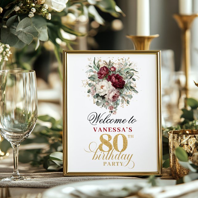Póster de cumpleaños 80 Marsala Blush Burgundy (Marsala Blush Burgundy 80th Birthday Poster)