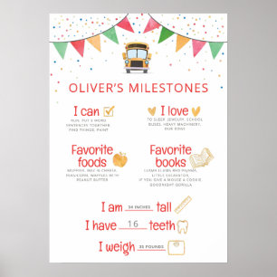 Póster de cumpleaños con hito de autobús escolar