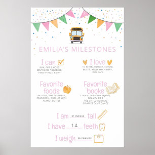 Póster de cumpleaños con hito de autobús escolar p