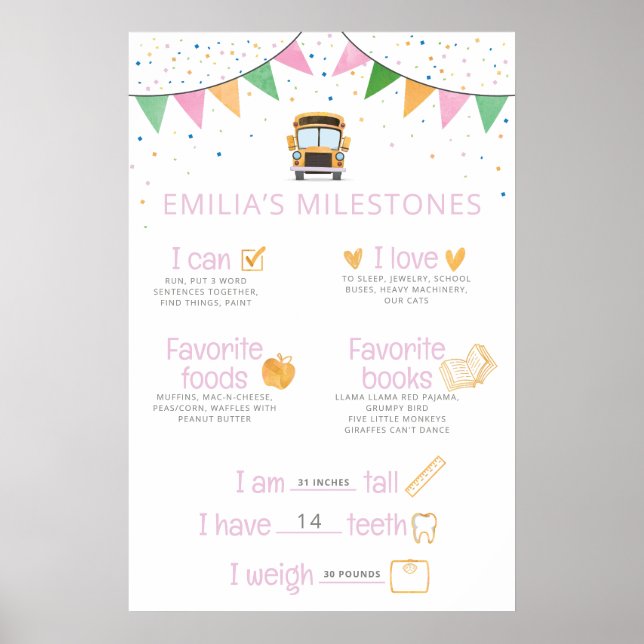 Póster de cumpleaños con hito de autobús escolar p (Frente)