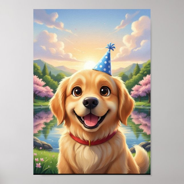 Póster de cumpleaños de cachorro de Golden Retriev (Frente)