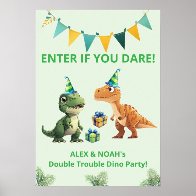 Póster de cumpleaños de dinosaurios gemelos | Entr (Frente)