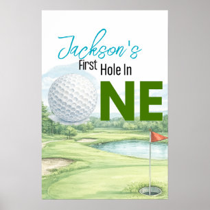 Póster de cumpleaños de golf para primer hoyo en u