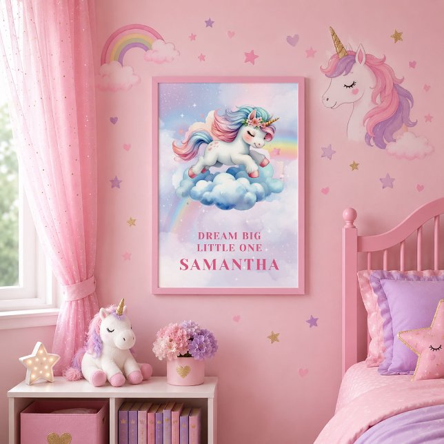Póster de Cumpleaños de Niña Unicornio Arcoíris Co (Colorful Rainbow Unicorn Girl Birthday Wall Poster)
