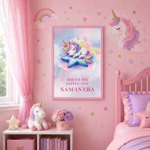 Póster de cumpleaños de niña unicornio rosa púrpur