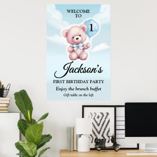 Póster de cumpleaños de niño con osito de peluche