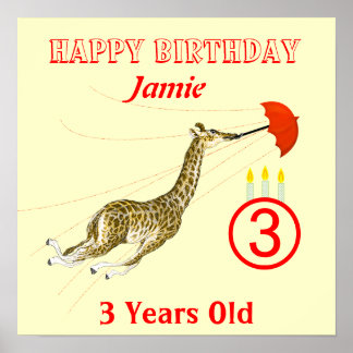 Póster de cumpleaños de paraguas jirafa caprichoso