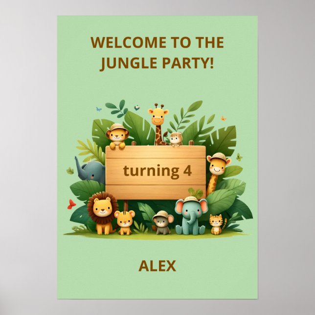Póster de cumpleaños de Safari de la Jungla Letrer (Frente)