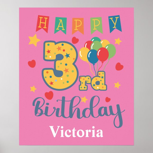 Póster de cumpleaños número 3 feliz (Frente)