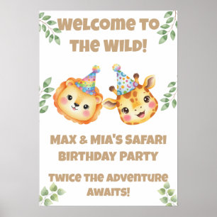 Póster de cumpleaños Twins Safari   Bienvenidos al