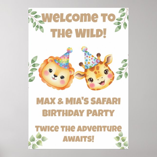 Póster de cumpleaños Twins Safari | Bienvenidos al (Frente)