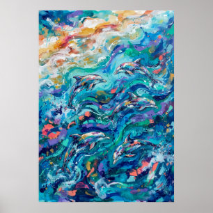 Póster de delfín de olas del océano colorido