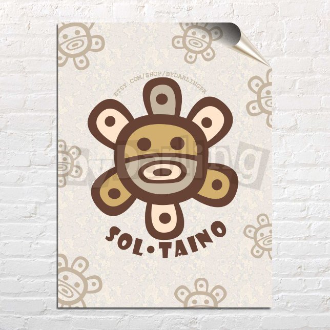 Poster de descarga de arte mural de Taino Sun Puer (Taino Sun Puerto Rico Wall Art Poster Digital Download to Print over a white brick wall)