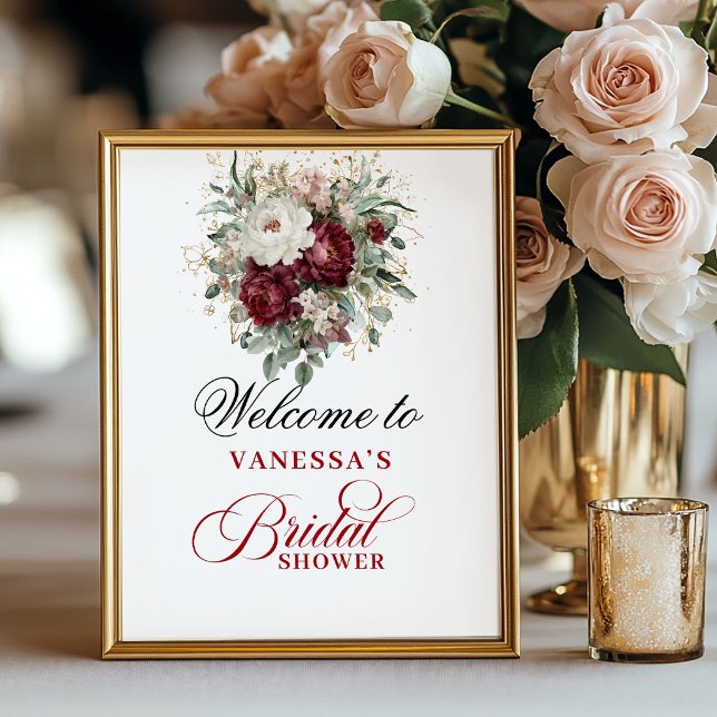 Póster de Despedida de Soltera Burgundy Tinte Rojo (Deep Red Blush Burgundy Bridal Shower Poster)