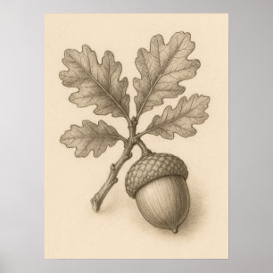 Póster de dibujo a tinta de bellota de roble botán