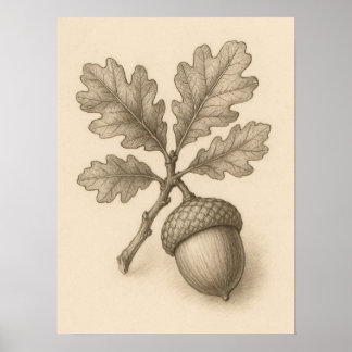 Póster de dibujo a tinta de bellota de roble botán