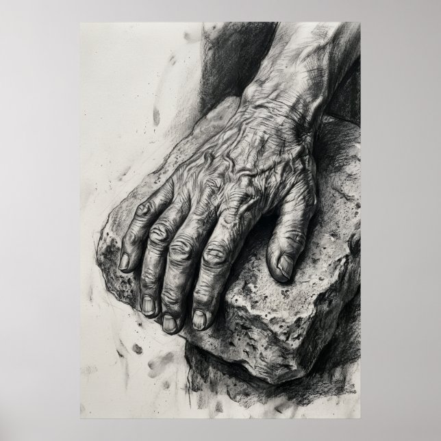 Póster de Dibujo al Carbón de Manos Ancianas | Est (Frente)