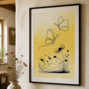 Póster de dibujo de línea de mariposa amarilla