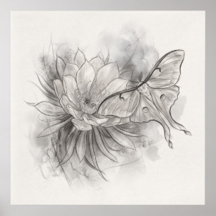 Póster de dibujo monocromo de flor de loto de poli