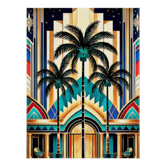 Póster de diseño de palmeras Art Deco colorido.
