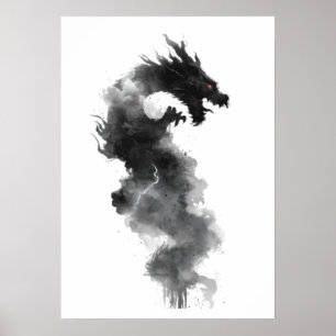 Póster de dragón de fantasía de tinta negra abstra