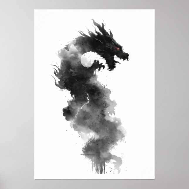 Póster de dragón de fantasía de tinta negra abstra (Frente)